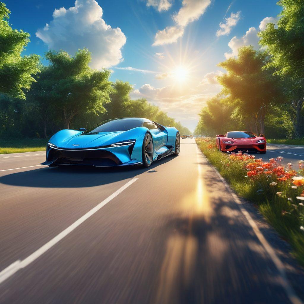 A dynamic summer scene showcasing innovative cars speeding on an open road under a bright blue sky. Include futuristic vehicles with sleek designs and bold colors, surrounded by lush greenery and vibrant flowers. Add accents of technology, like holographic displays and digital interfaces visible in the cars. Capture the essence of adventure and excitement in the summer air. super-realistic. vibrant colors. sunny background.